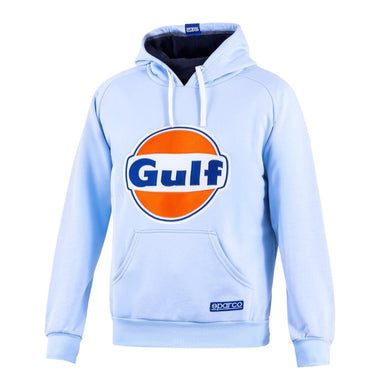 Light blue Sparco Gulf Hoodie with oversized Gulf logo on the chest and white drawstrings.